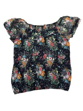 Anthropologie Black Floral Puff Sleeve Blouse 100% Silk